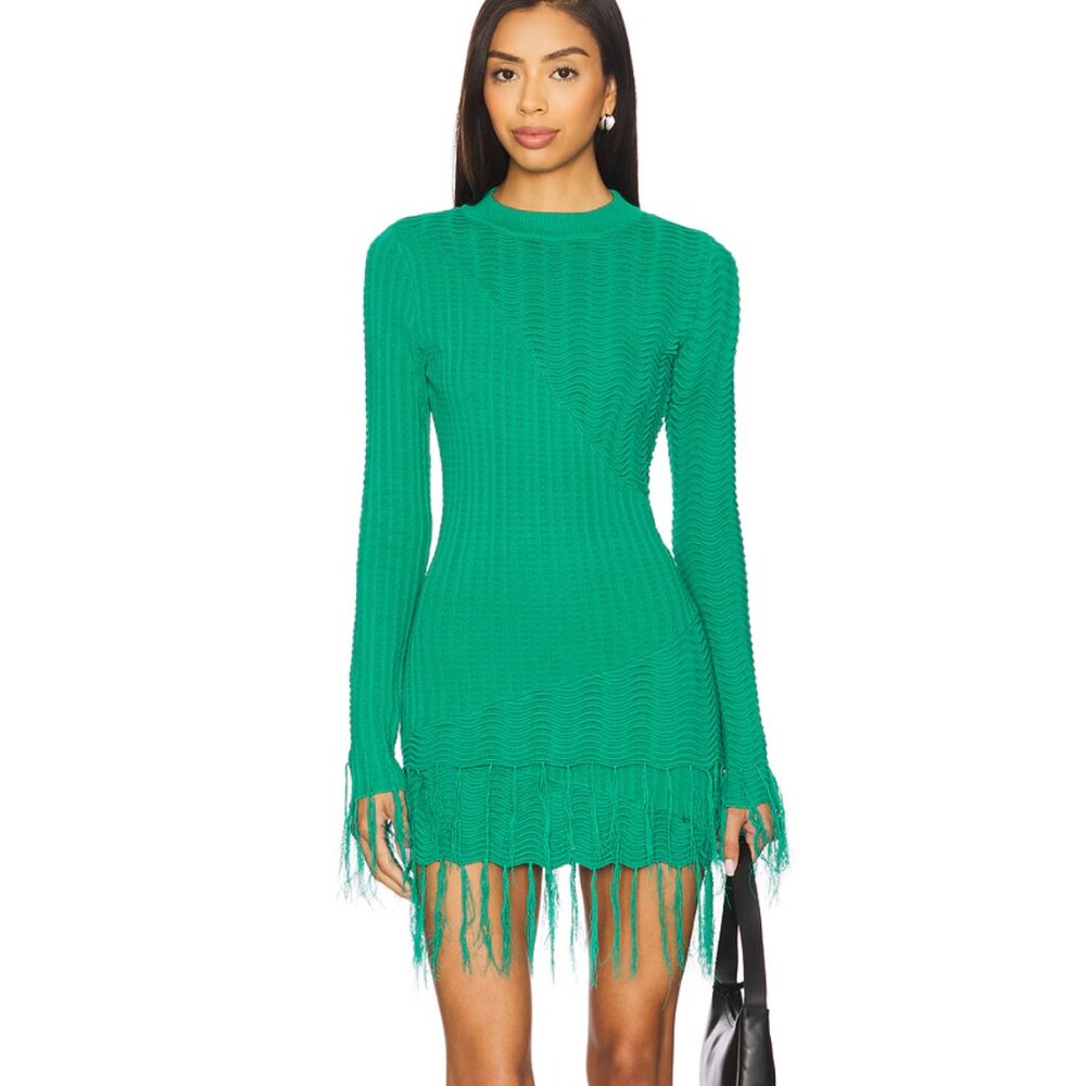 NEW YLLW THE LABEL Freya Fringe Set in Green Knit Long Sleeve Sweater Mini Skirt